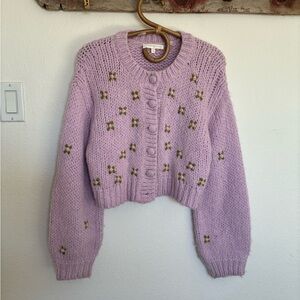 LoveShackFancy Alpaca Knit Cardigan in Lilac with Floral Details Women’s Small